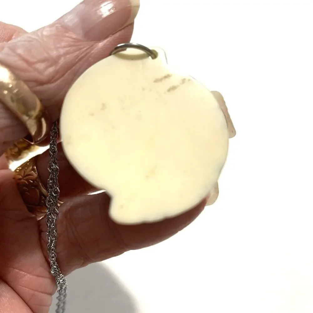 Artisan Pendant Necklace Faux Pearl Ribbon Etched Base 18K WG Plated Chain 17